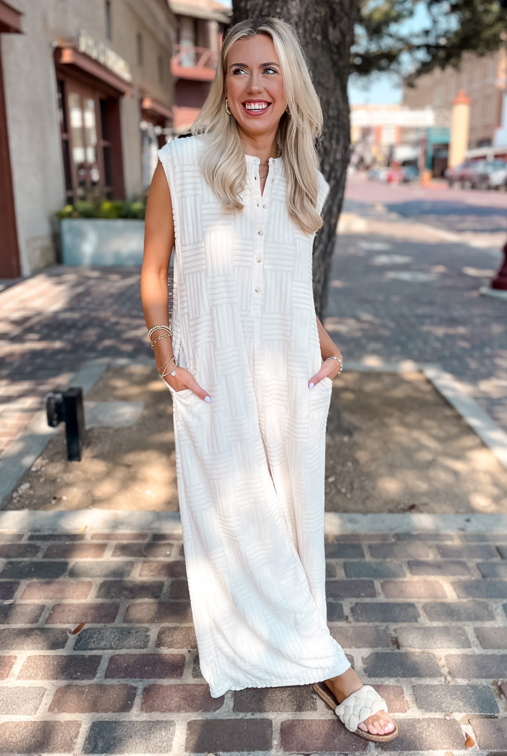 Textured Wide Leg Jumpsuit - Cream