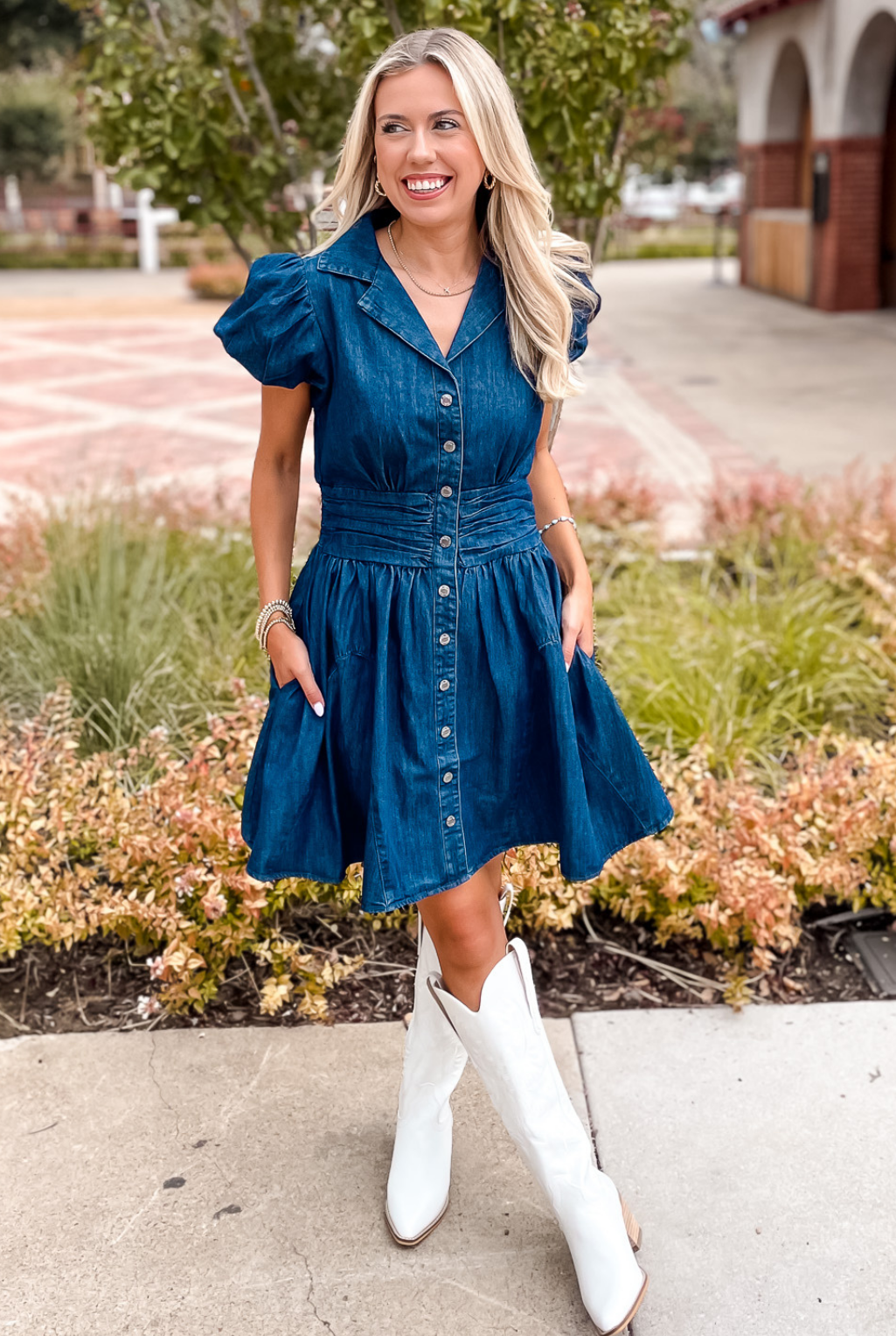 Denim Puff Sleeve Dress - Blue