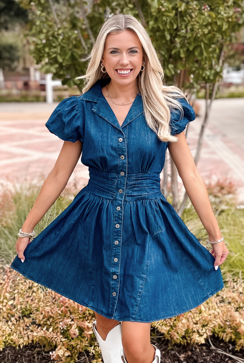 Denim Puff Sleeve Dress - Blue