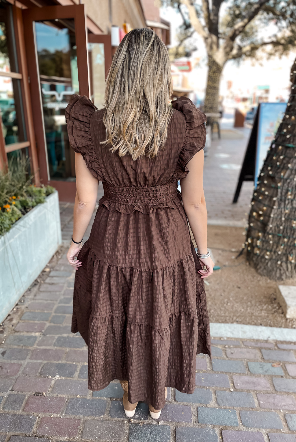 Brown Flutter Sleeve Dress