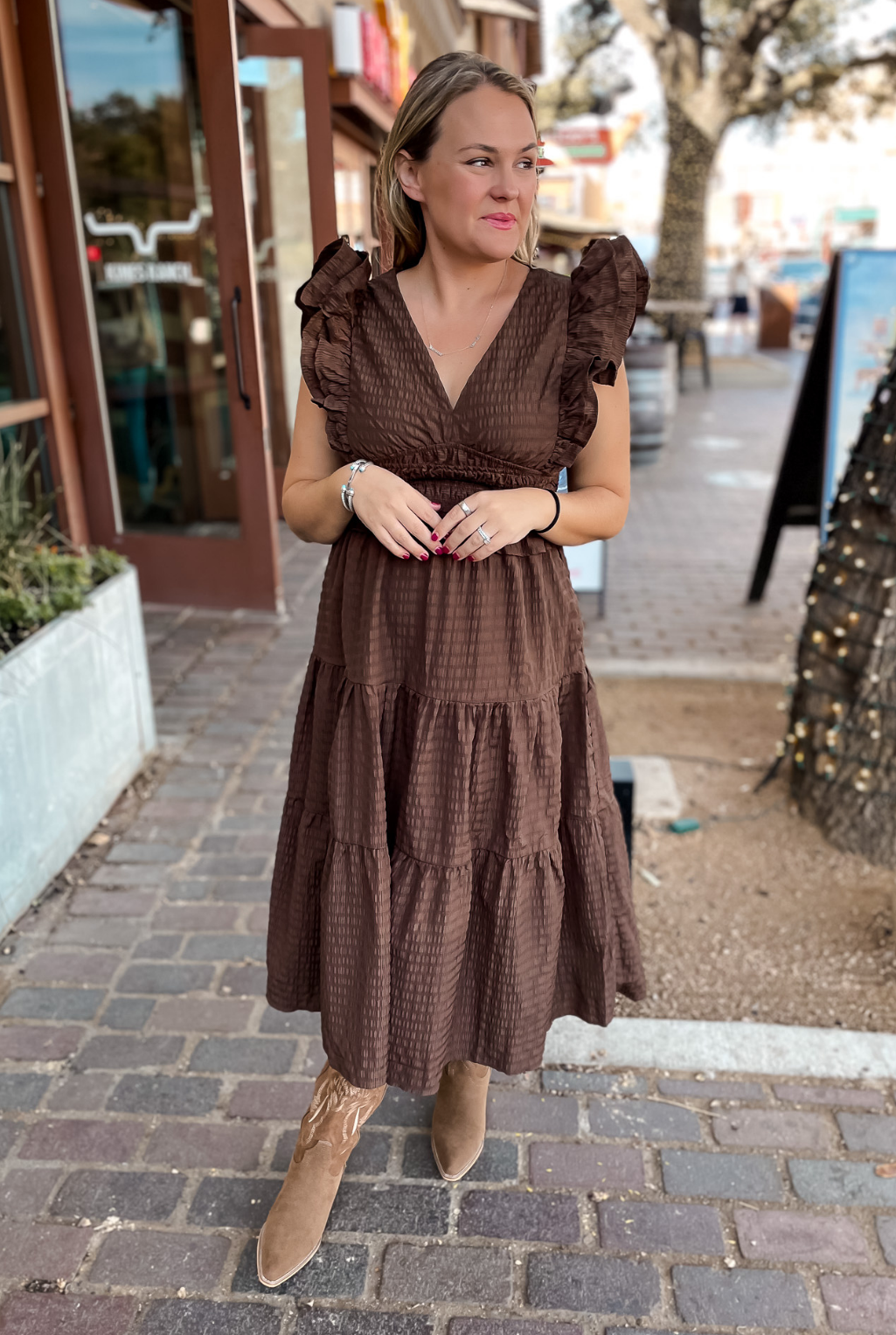 Brown Flutter Sleeve Dress