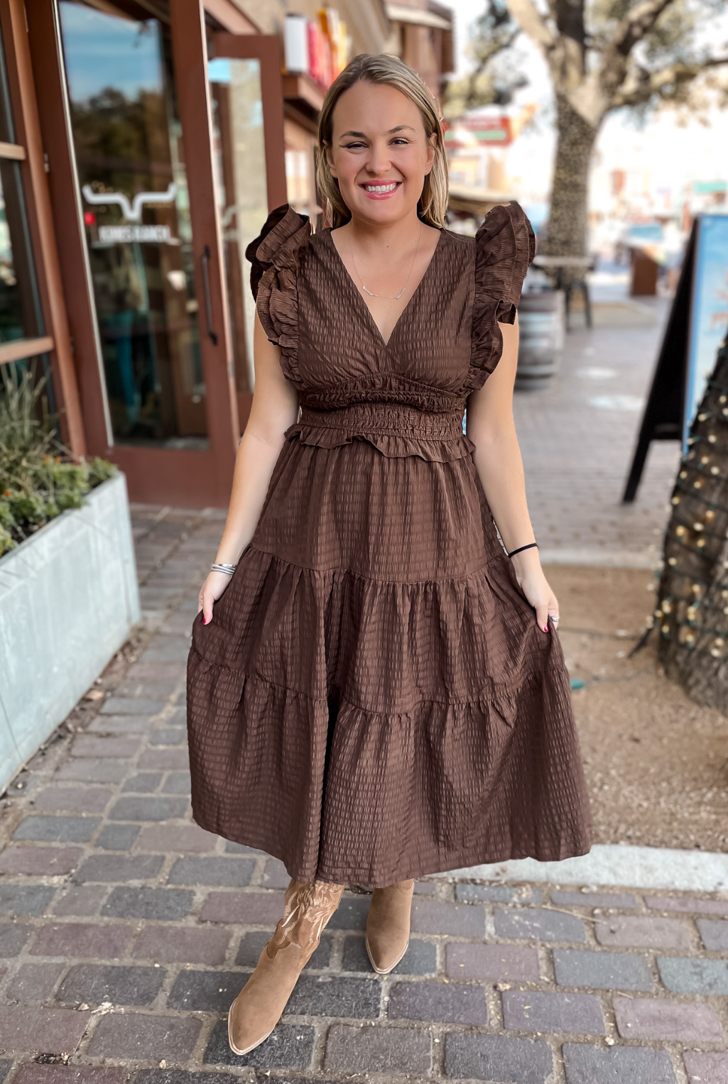 Brown Flutter Sleeve Dress