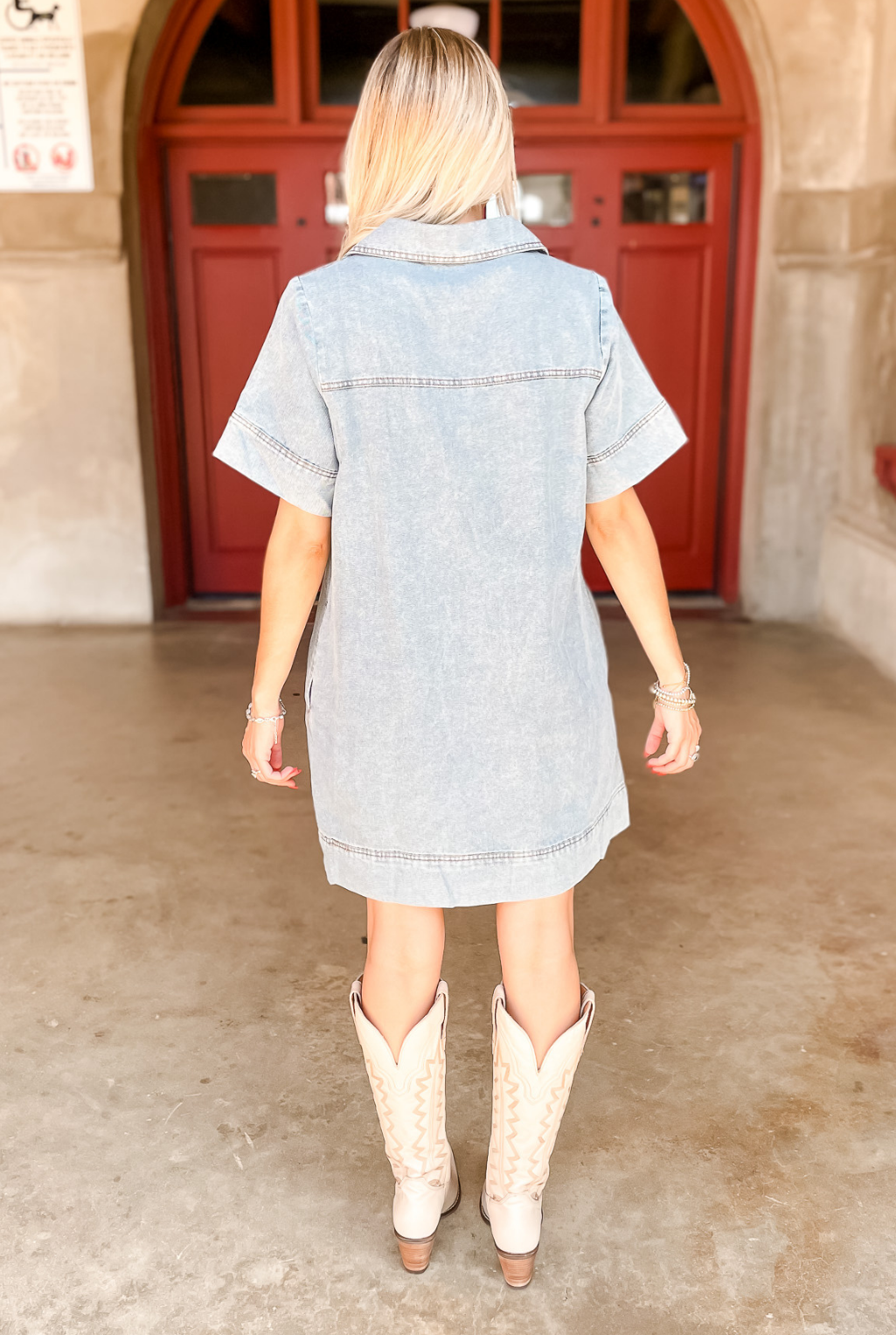 V-Neck Denim Stitched Dress - Chambray