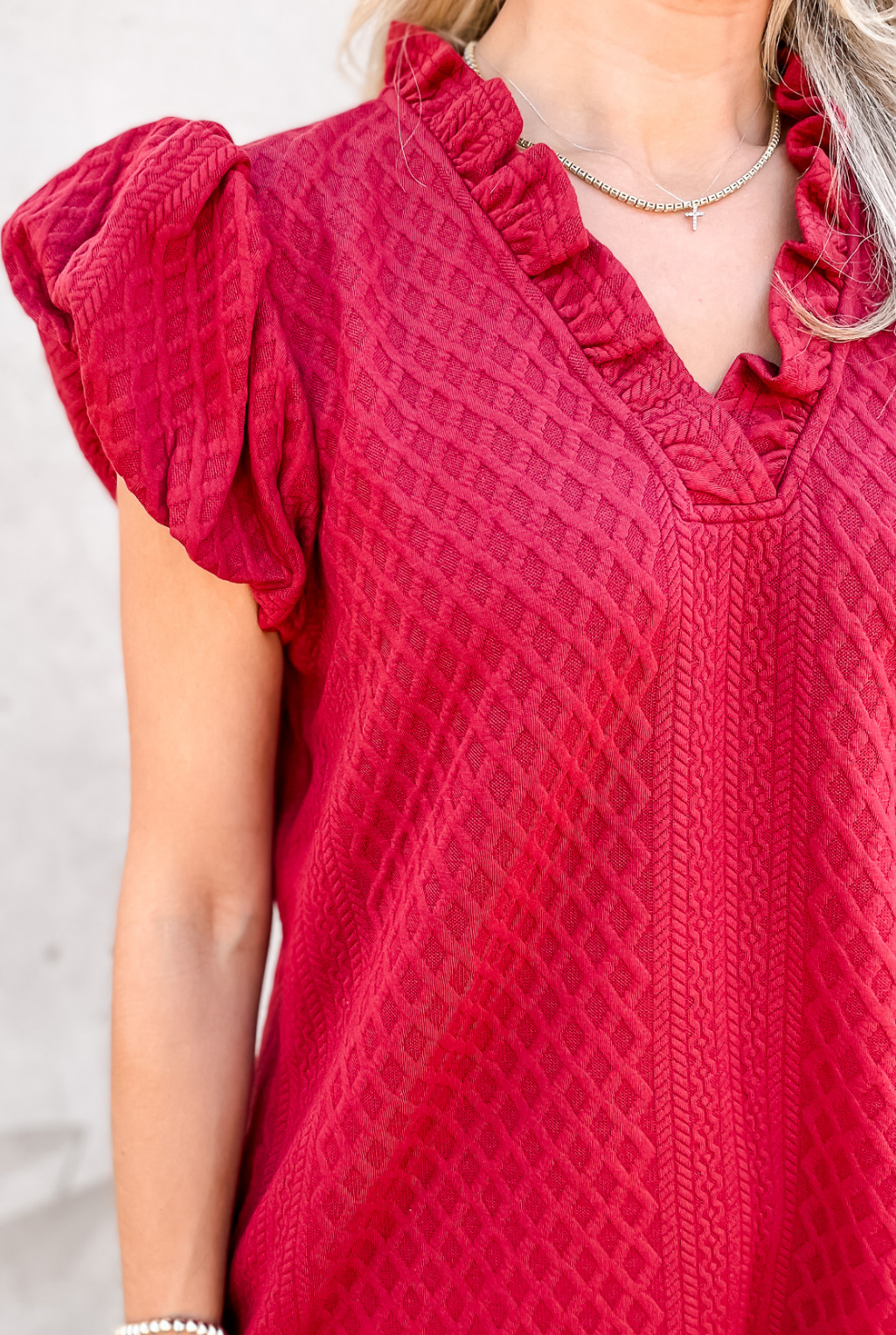 Ruffle V-Neck Textured Dress - Ruby