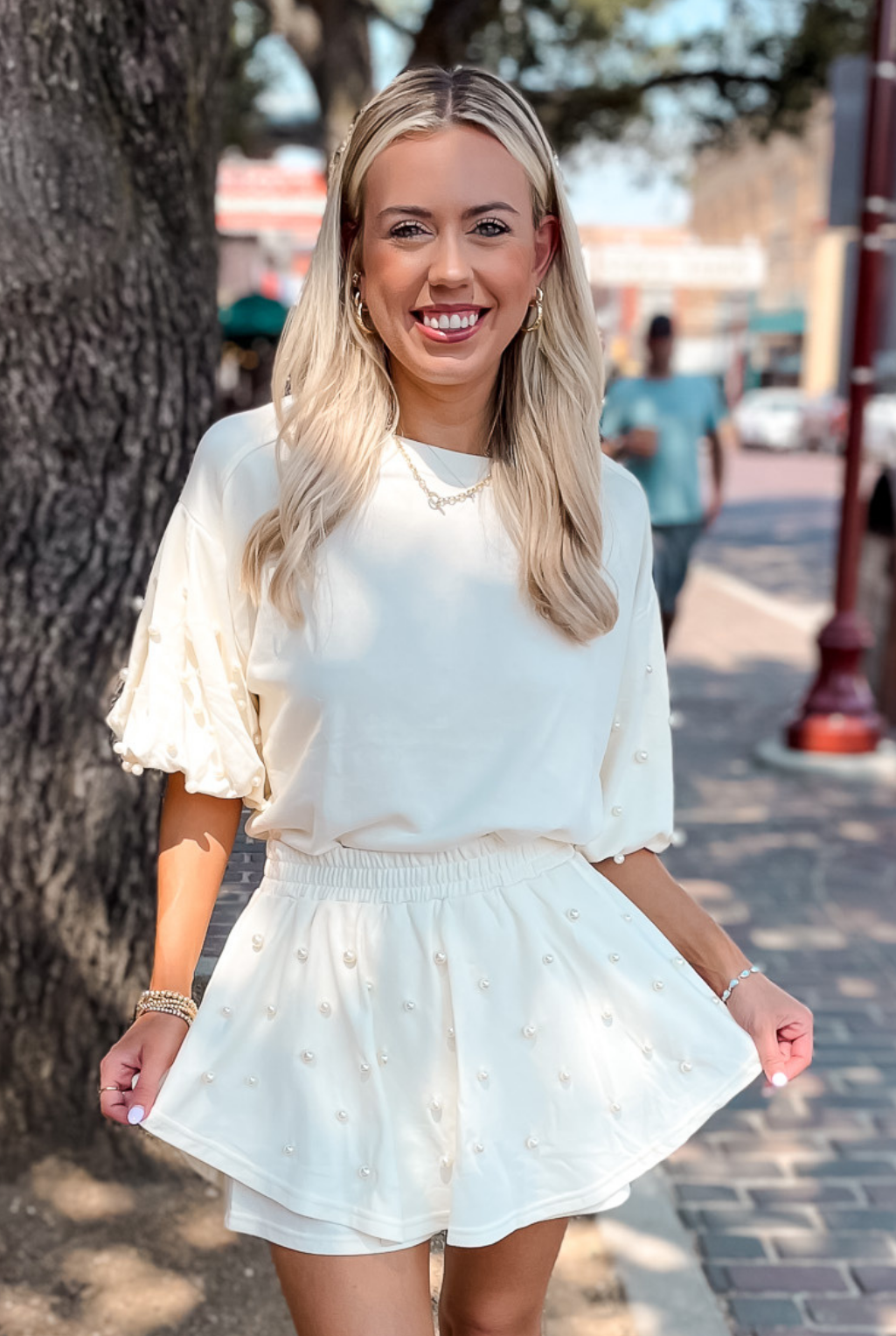 Pearl Trim Knit Short Set - Cream