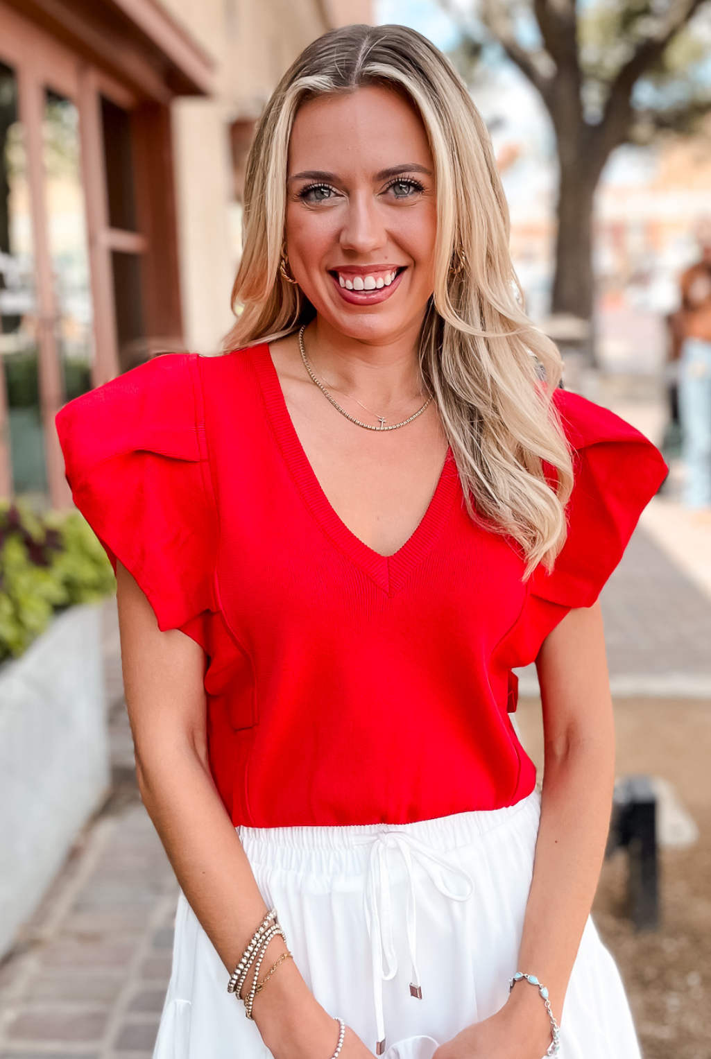 Pleated Cap Sleeve Top - Red