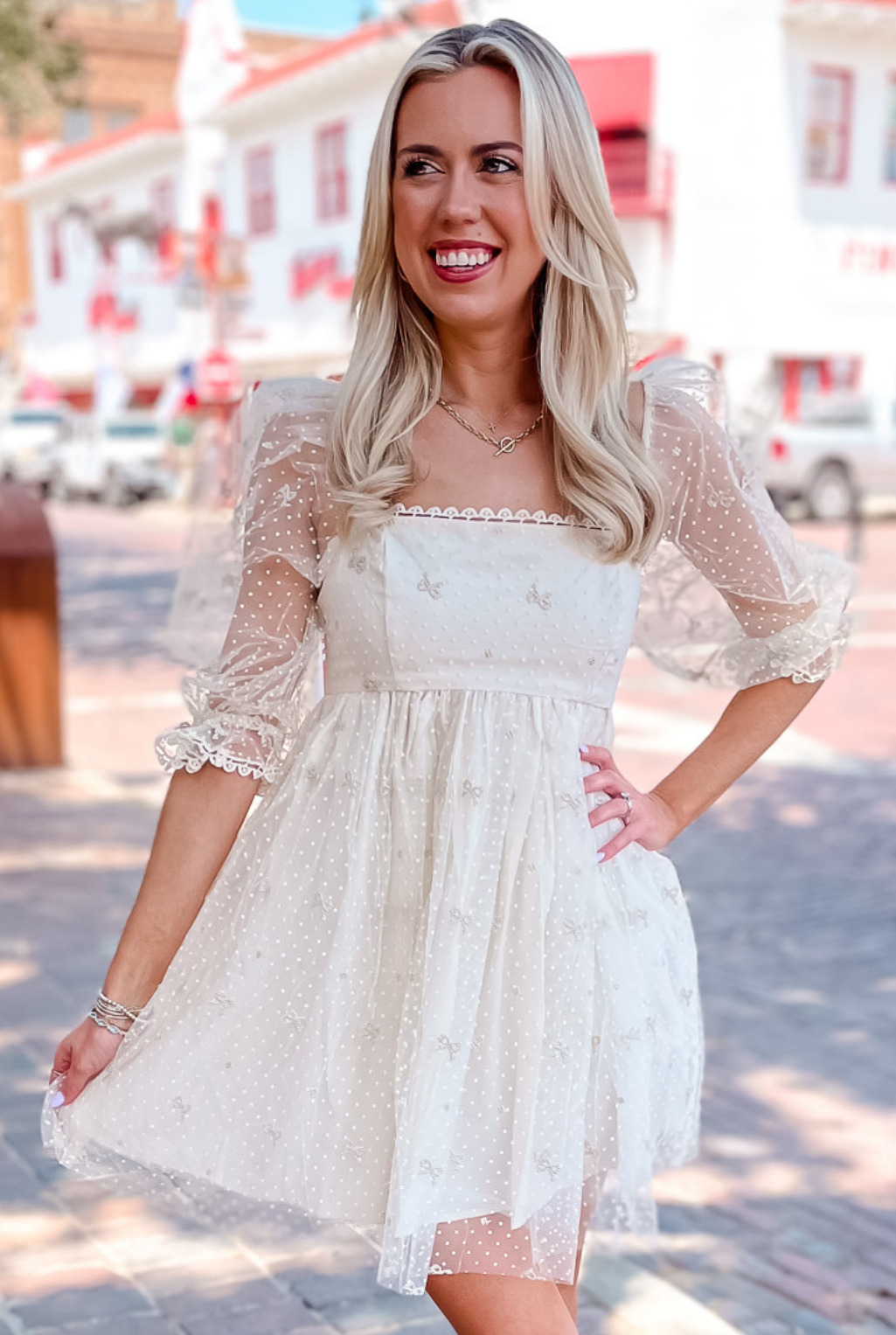 Bows + Pearls Dress - Cream