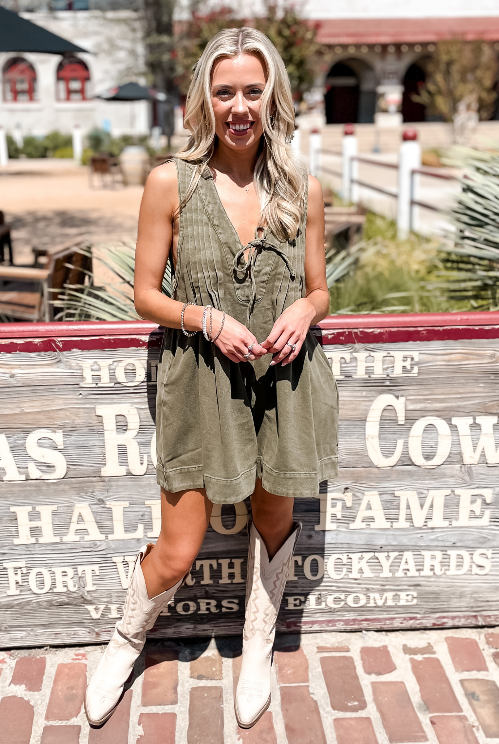 Pleated Denim Romper - Olive