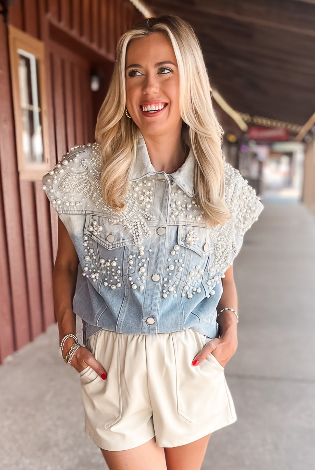 Swirls Of Pearls Denim Vest