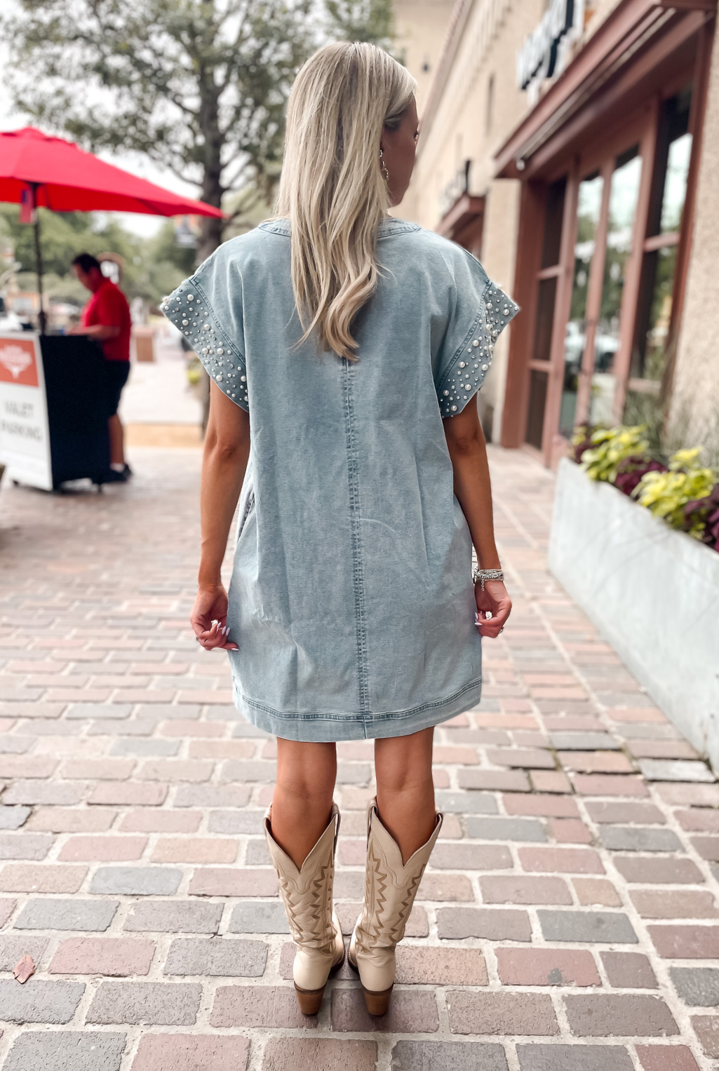 Pearl Trim Denim Shift Dress