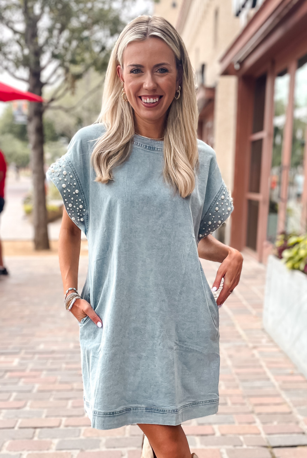 Pearl Trim Denim Shift Dress