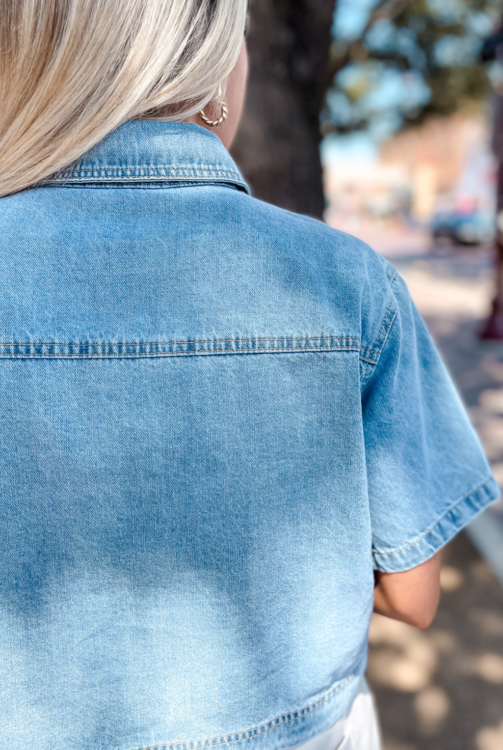 Rhinestone Fringe Short Sleeve Denim Top