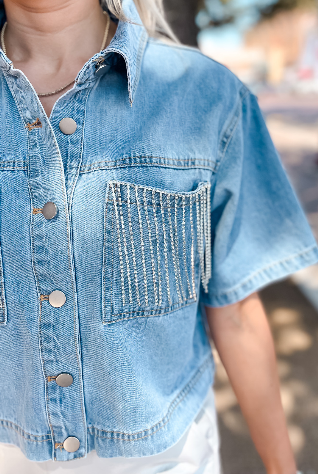 Rhinestone Fringe Short Sleeve Denim Top