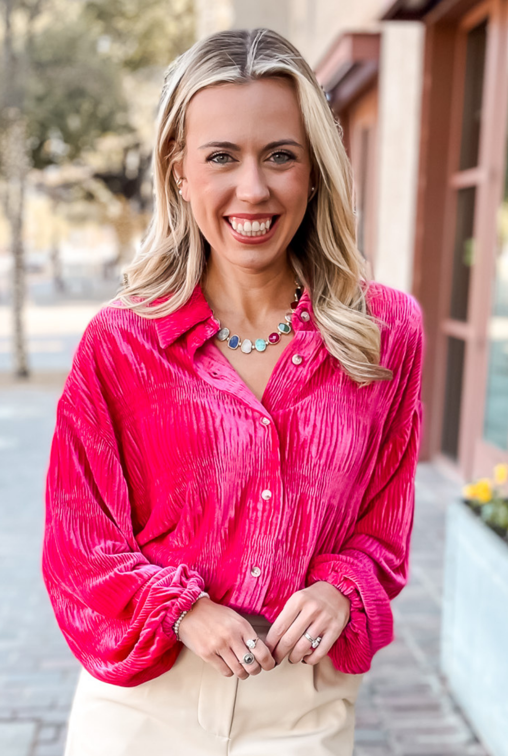 Velvet Shirring Top - Fuchsia