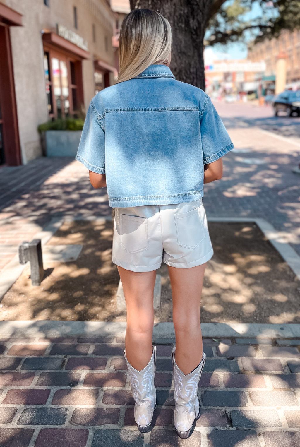 Rhinestone Fringe Short Sleeve Denim Top