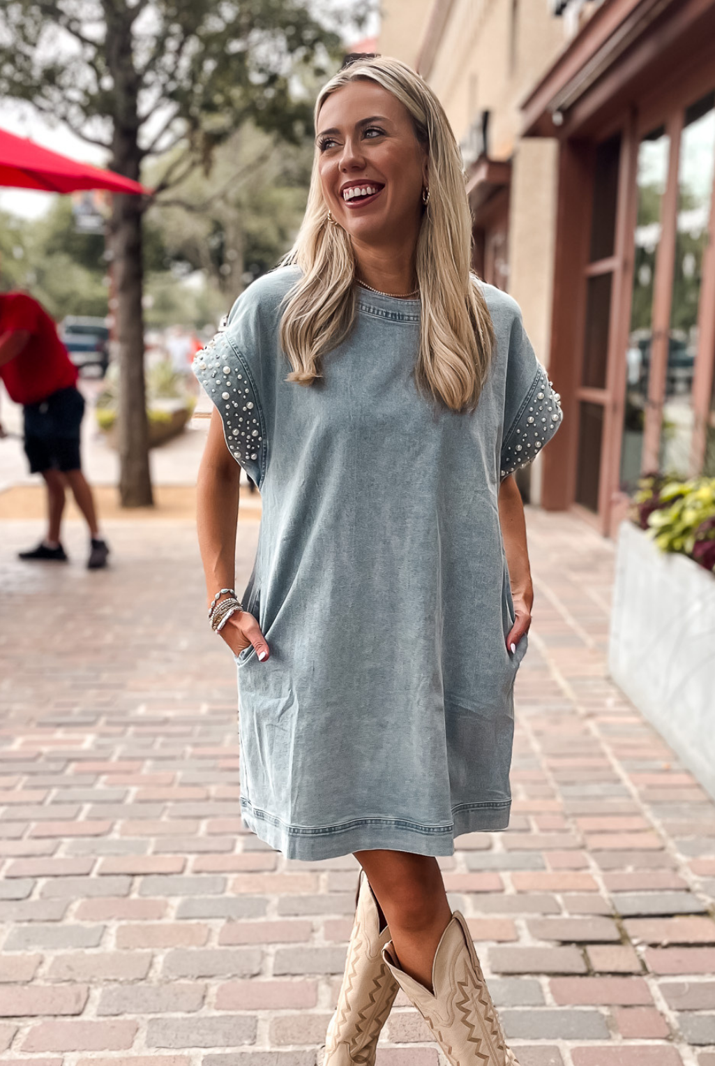 Pearl Trim Denim Shift Dress