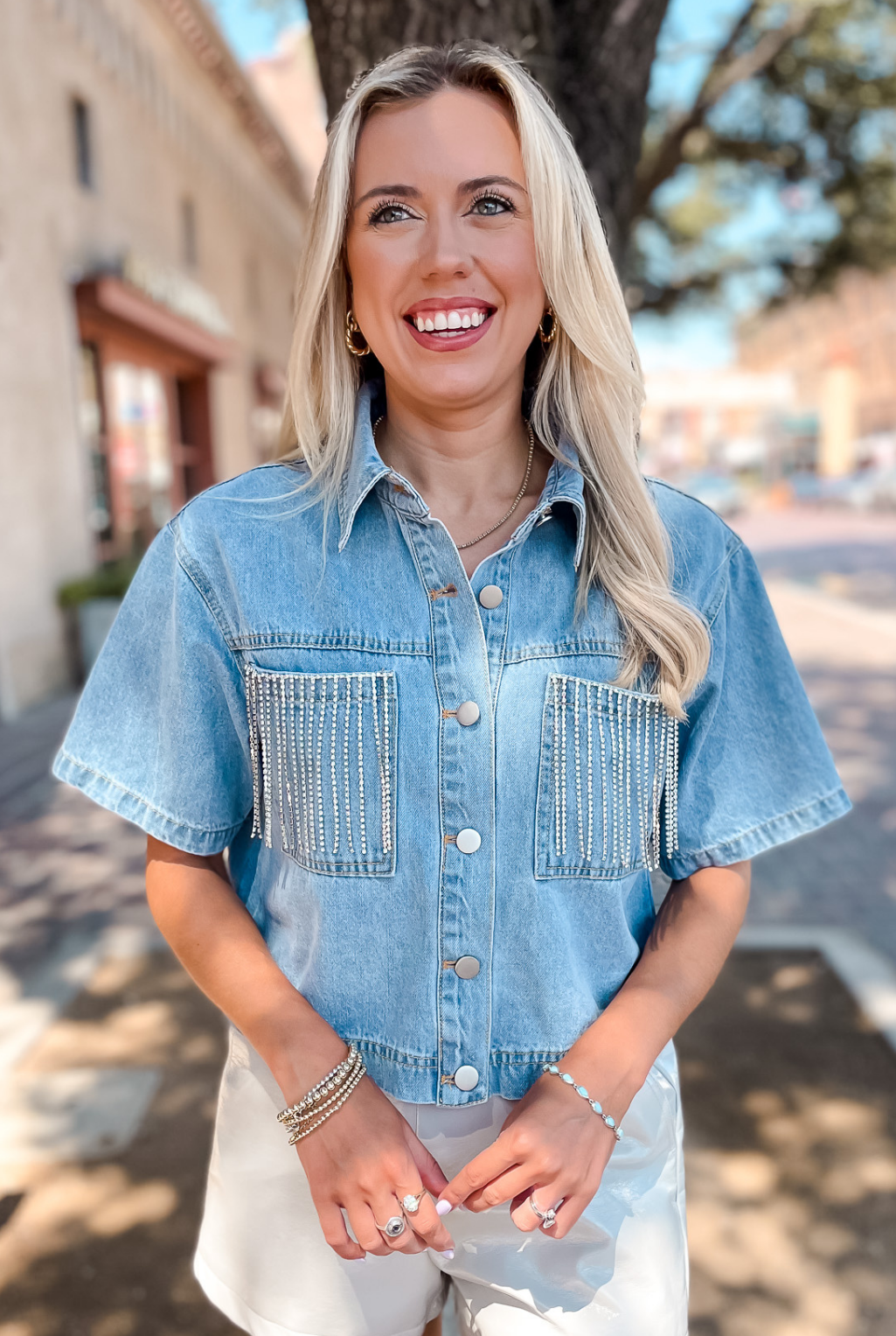 Rhinestone Fringe Short Sleeve Denim Top