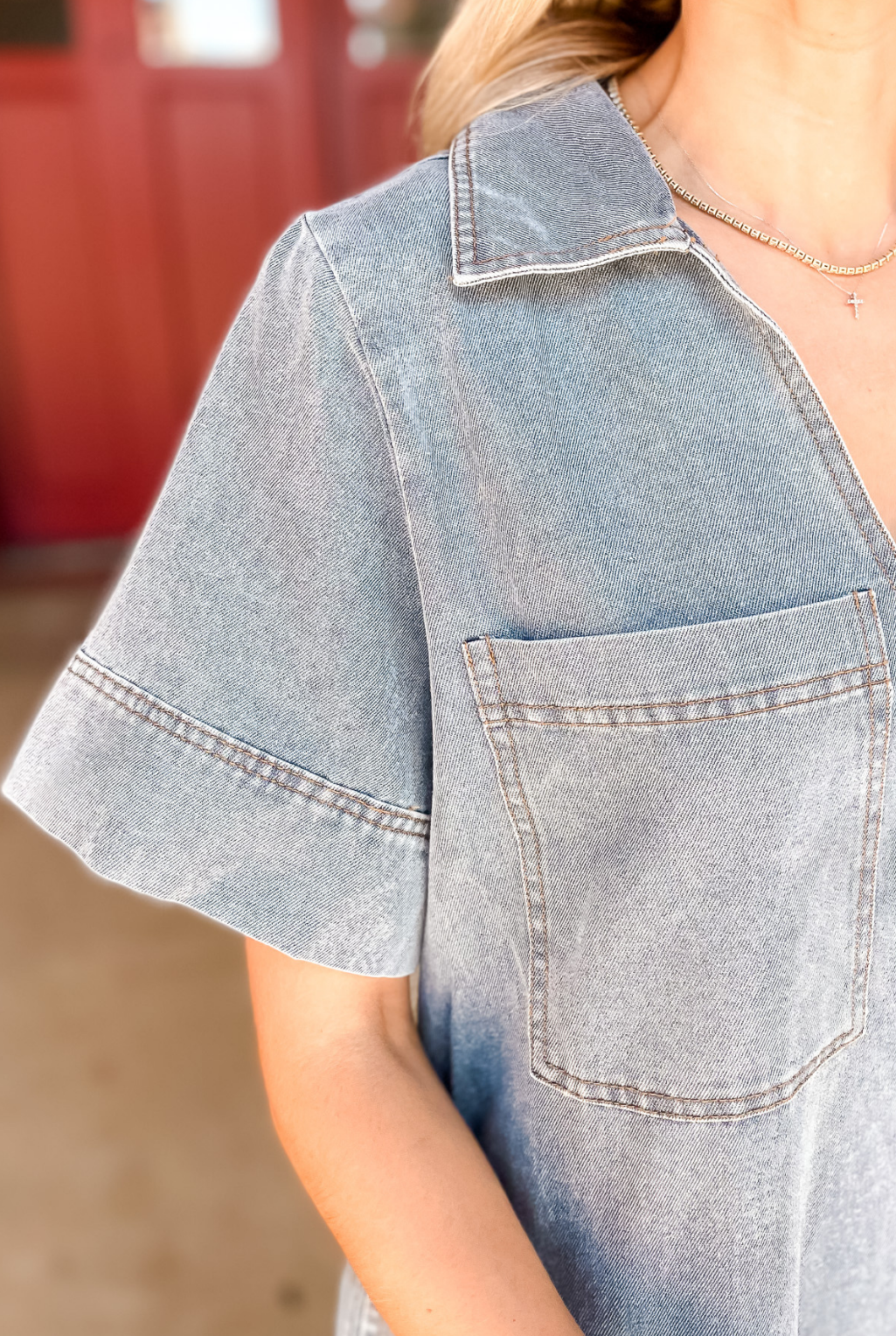 V-Neck Denim Stitched Dress - Chambray