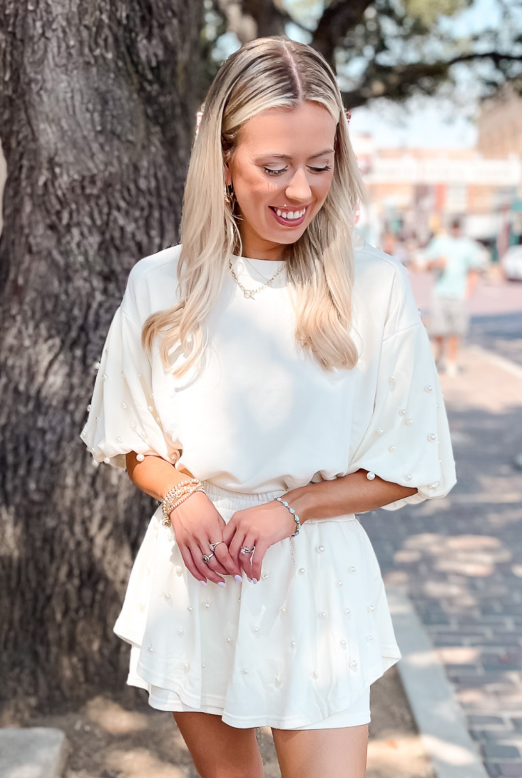 Pearl Trim Knit Short Set - Cream