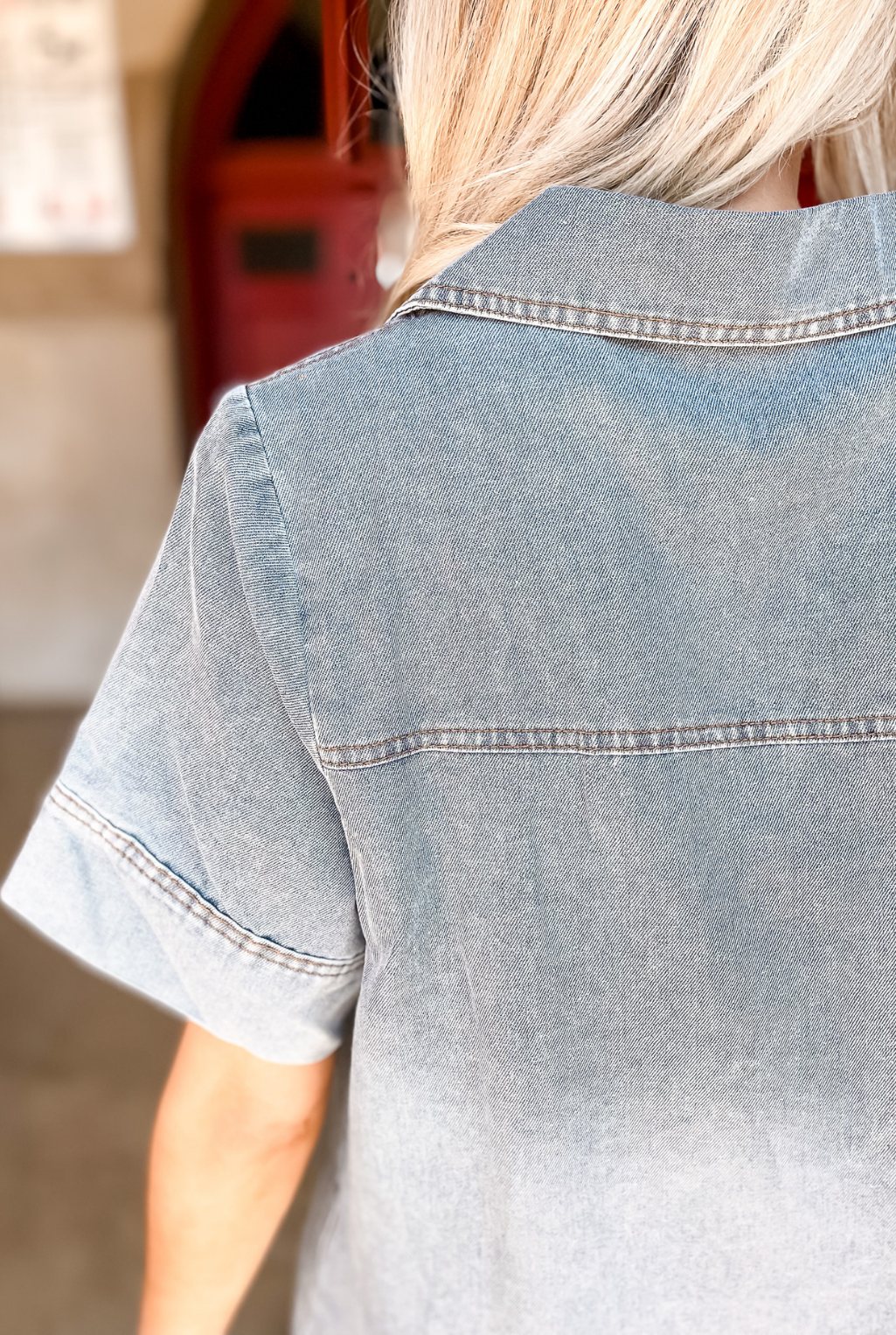 V-Neck Denim Stitched Dress - Chambray