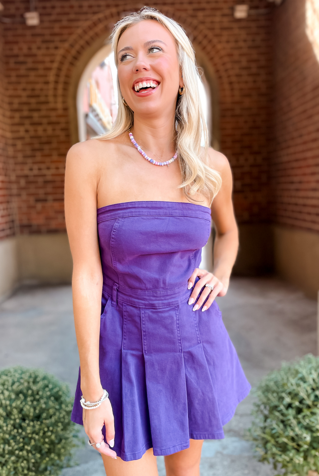 Denim Pleated Mini Dress - Purple