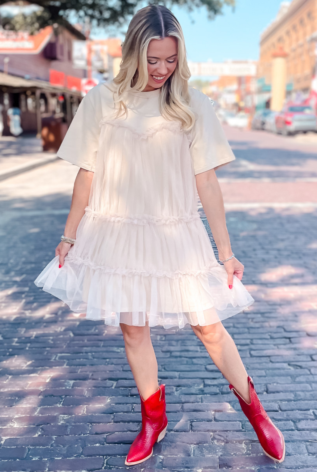 Tulle Overlay Tiered Dress