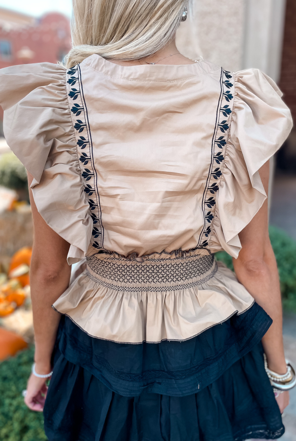 Smocked Embroidered Ruffle Top