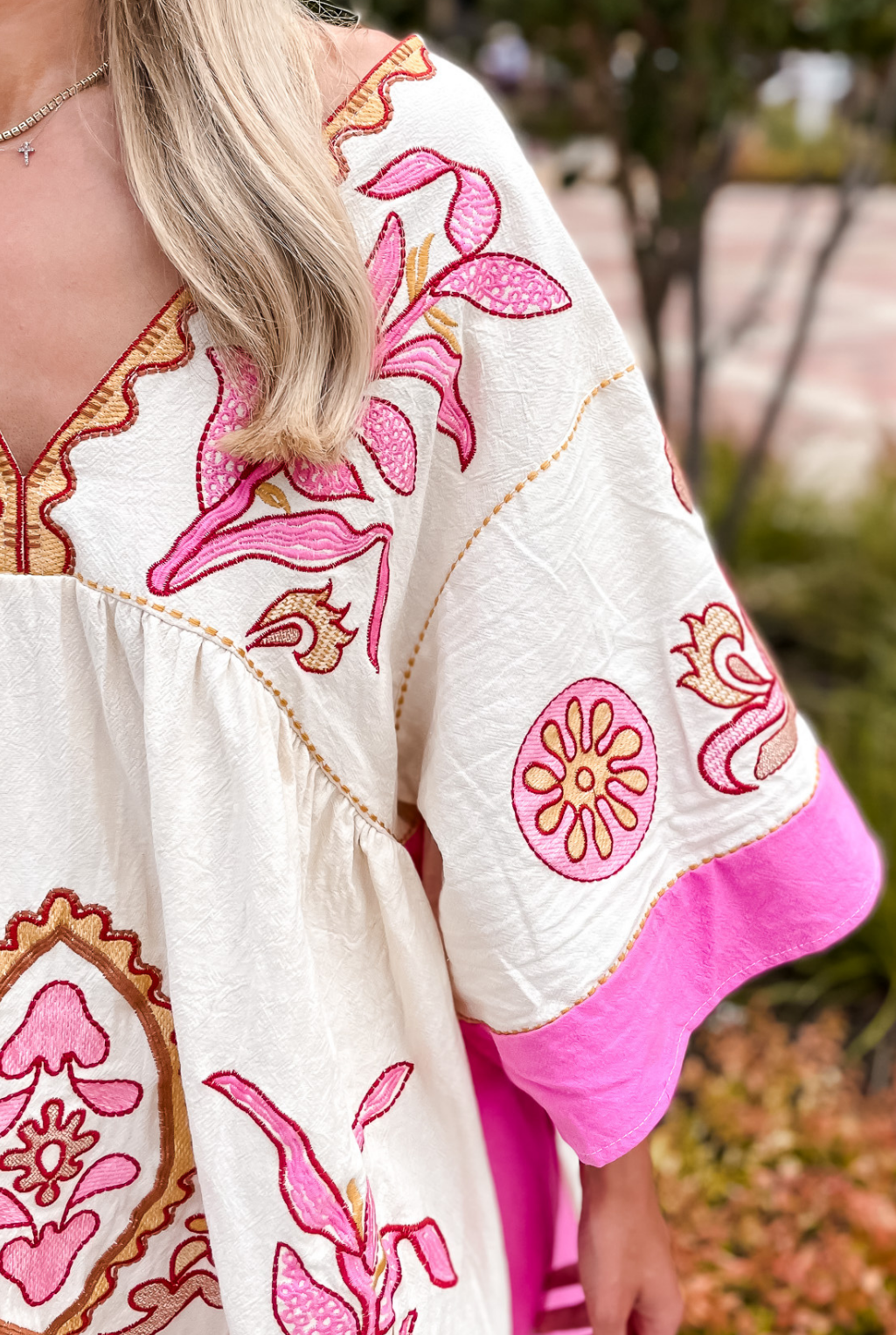 Embroidered Kimono Sleeve Dress - Pink