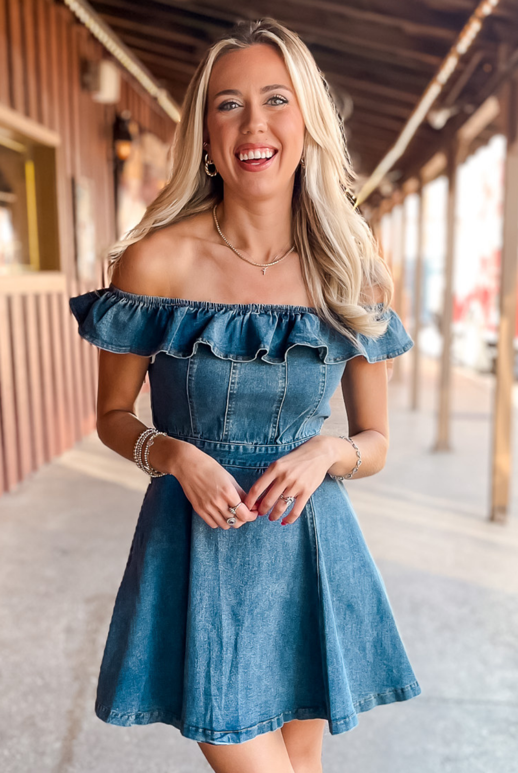 Off Shoulder Ruffle Denim Dress