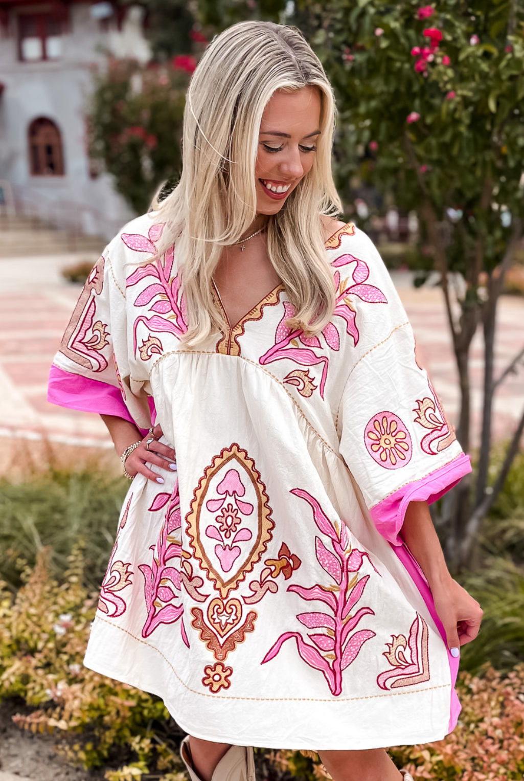 Embroidered Kimono Sleeve Dress - Pink