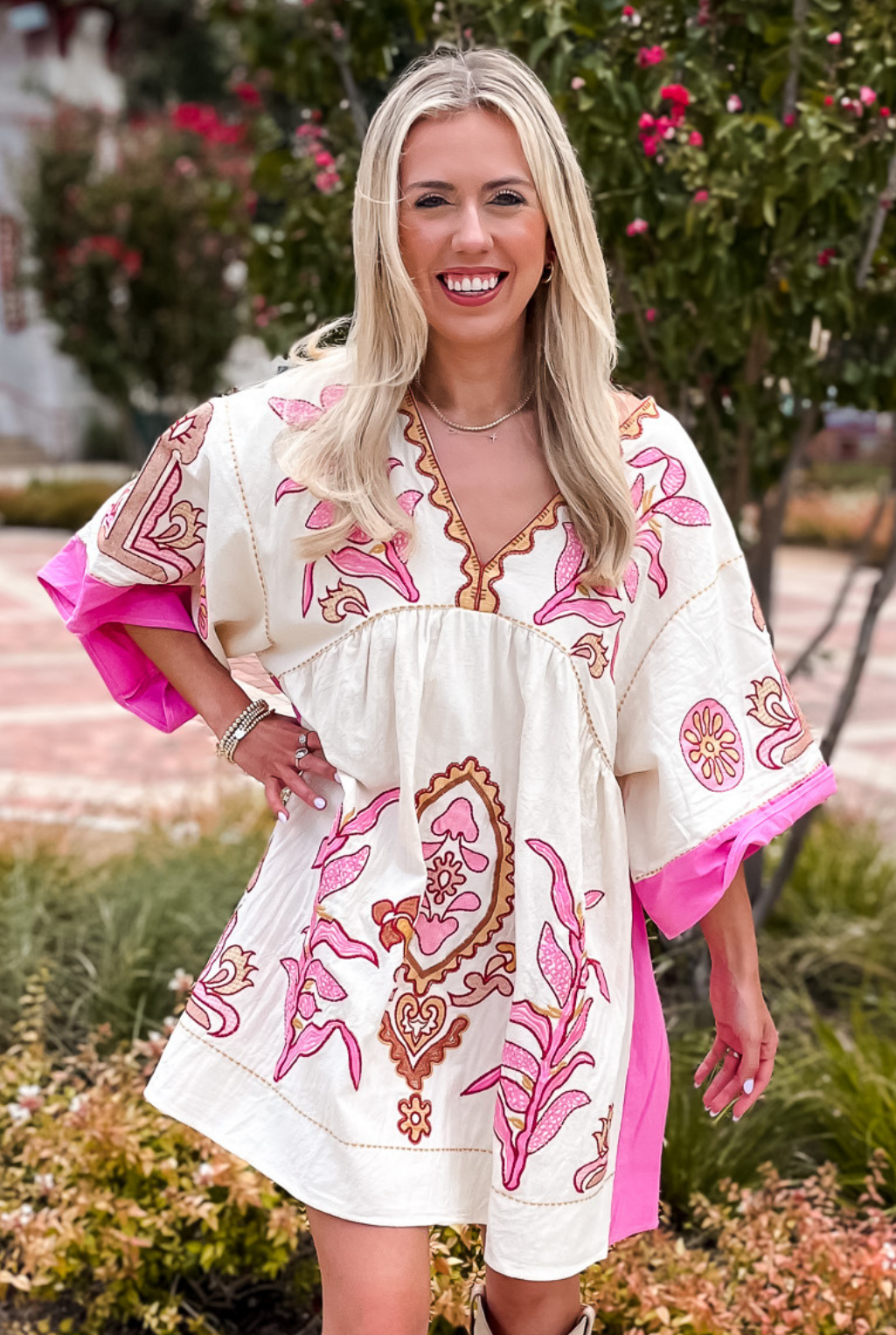 Embroidered Kimono Sleeve Dress - Pink