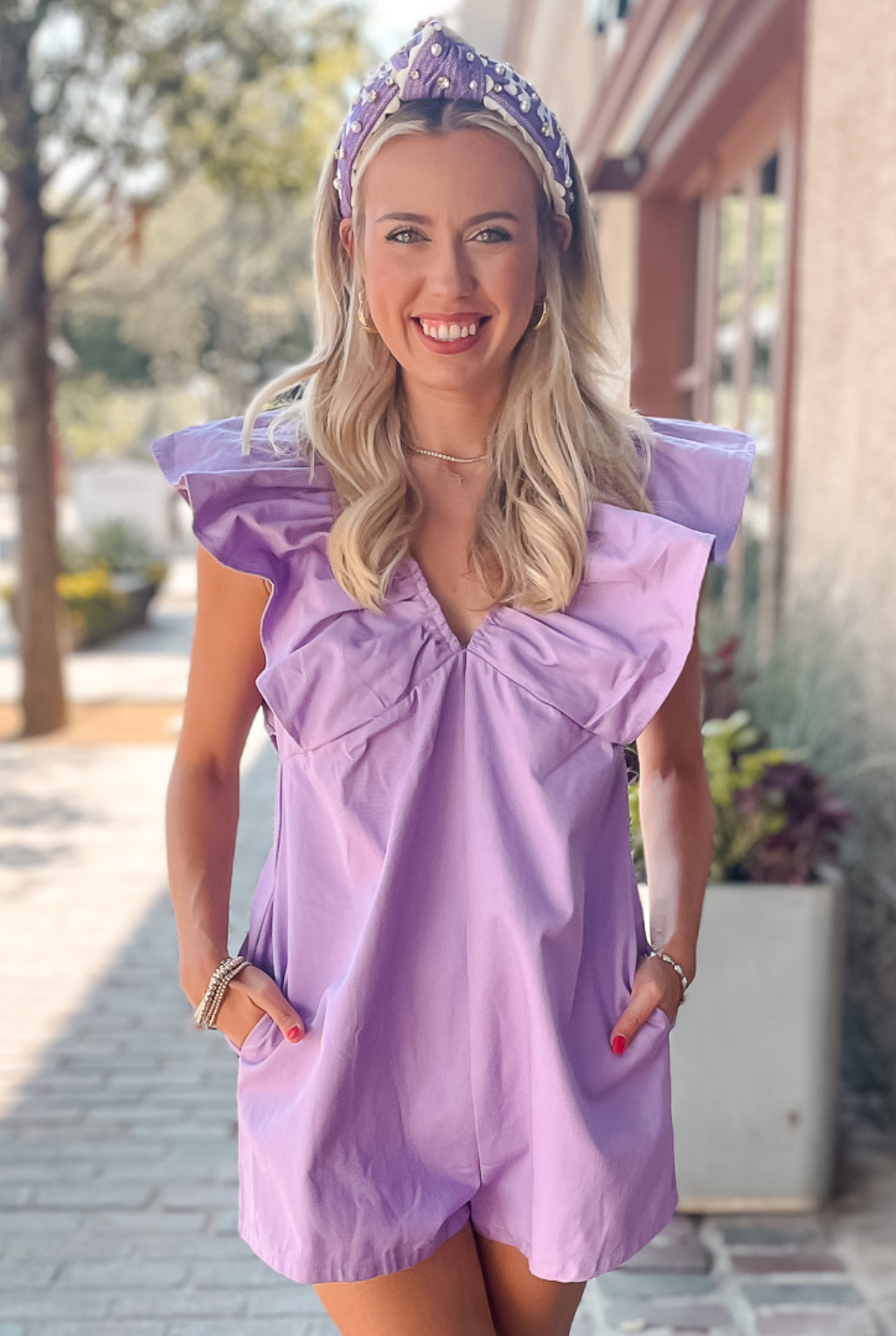 V-Neck Denim Romper - Lavender