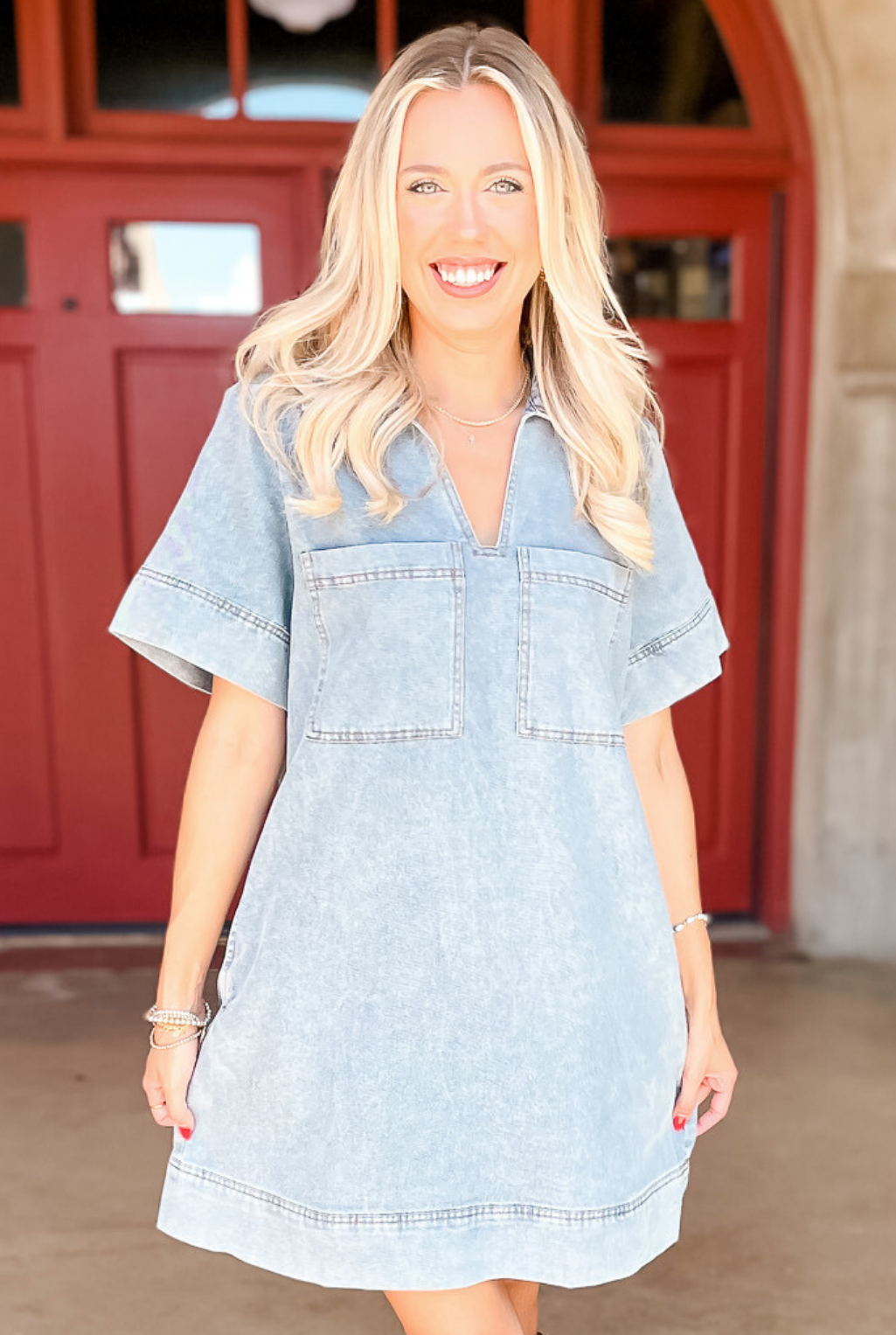 V-Neck Denim Stitched Dress - Chambray