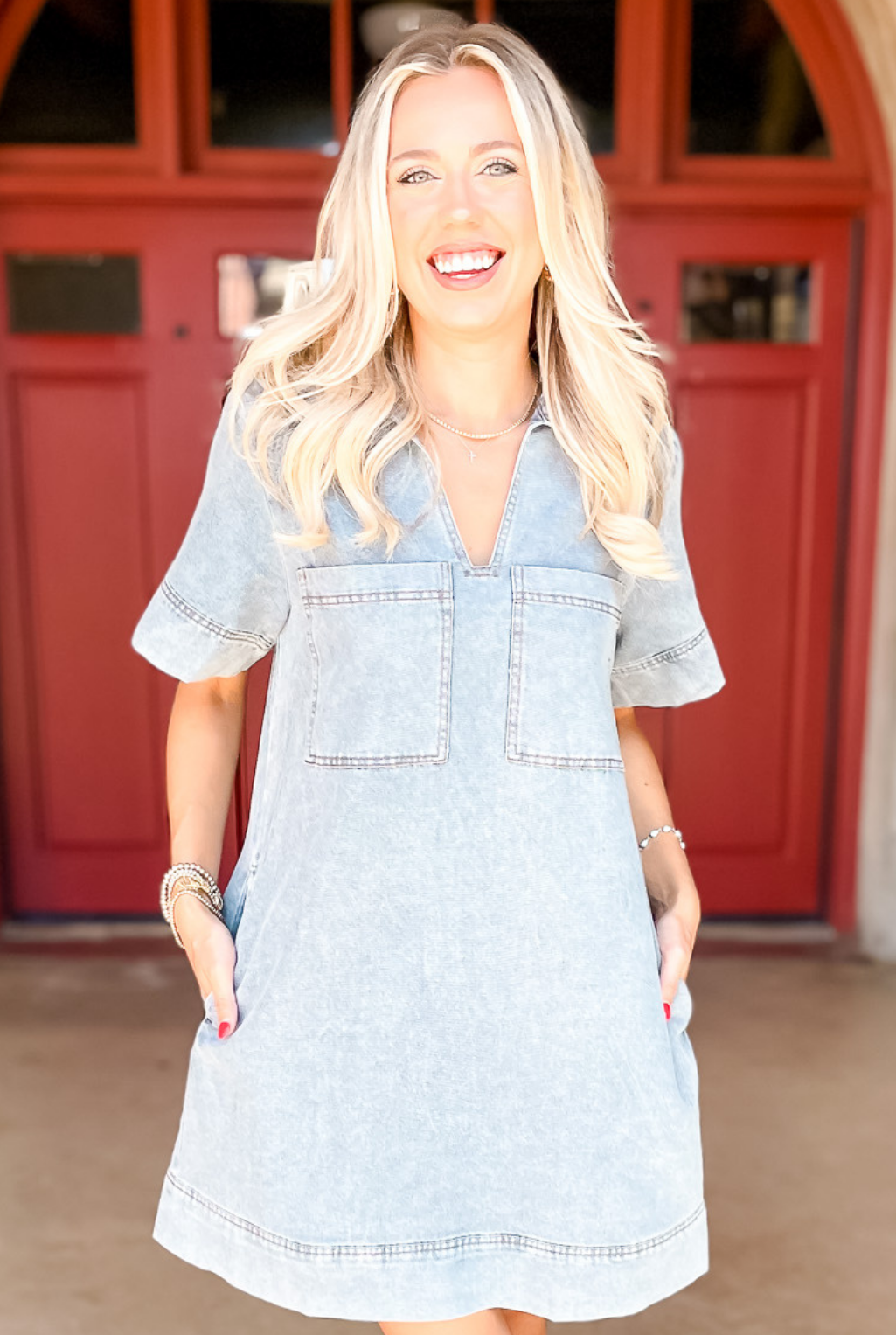 V-Neck Denim Stitched Dress - Chambray