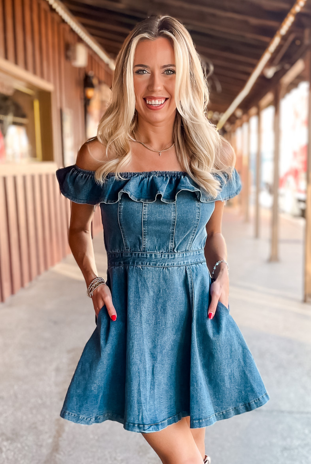 Denim off the shoulder dress best sale