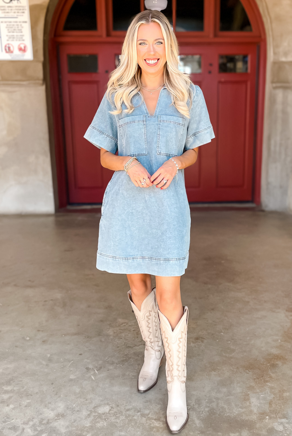 V-Neck Denim Stitched Dress - Chambray