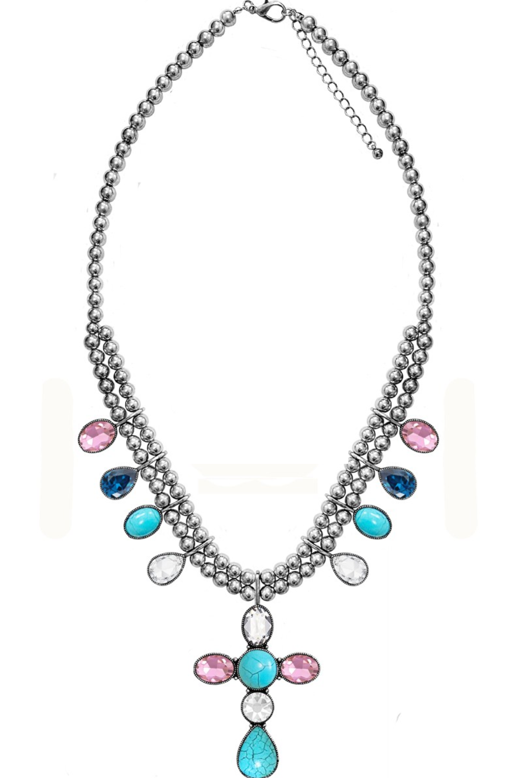 Jewel Cross Necklace - Clear/Turquoise/Blue/Pink