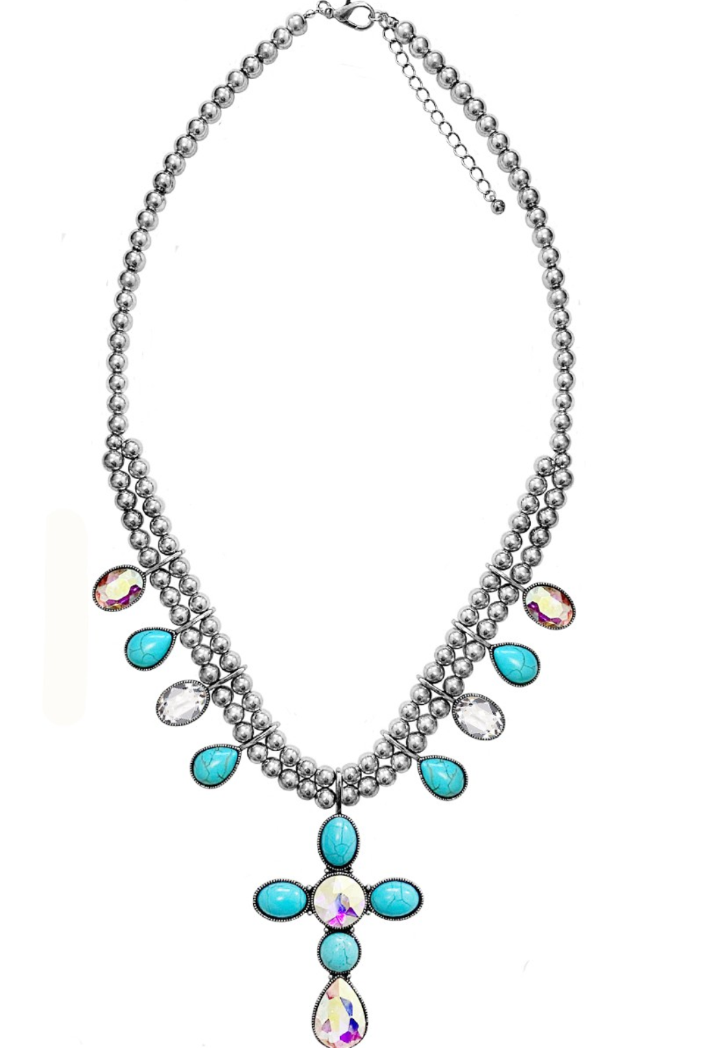 Jewel Cross Necklace - Clear/Turquoise