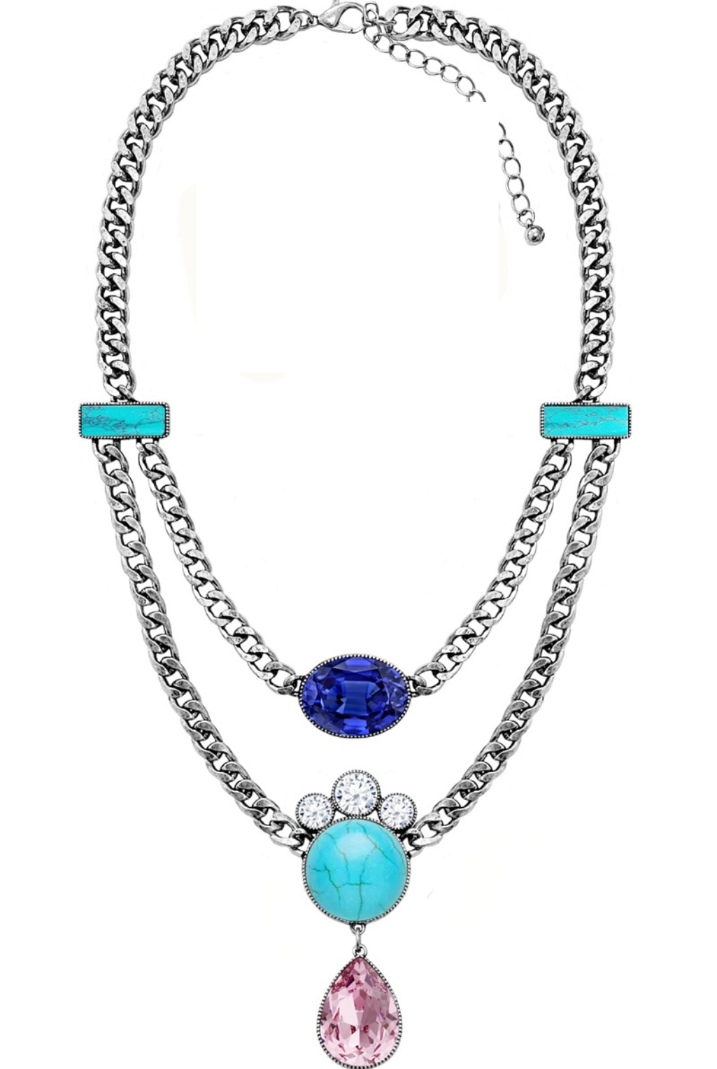 Turquoise Crystal Tear Drop Necklace - Turq/Blue/Pink