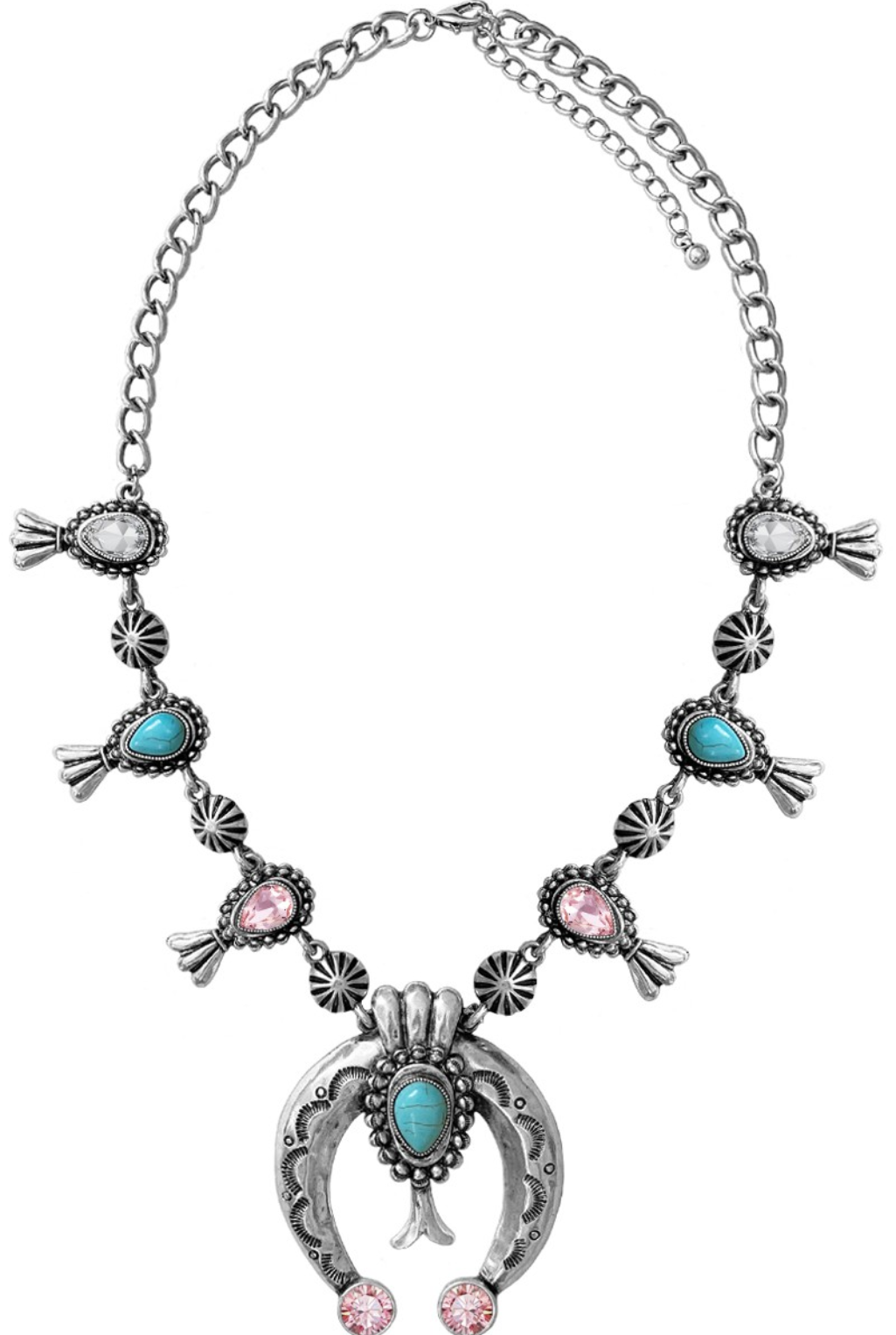 Jewel + Silver Squash Blossom Necklace - Turquoise/Pink